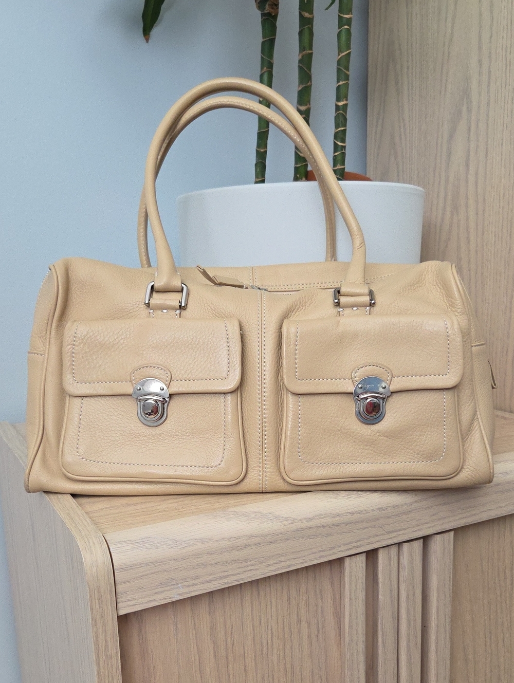 Agnes B. Y2K Creamy Latte Leather Shoulder Satchel with Dual Front Pockets